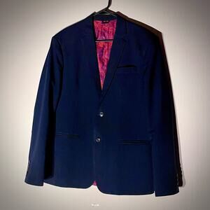 Hand Tailored Suit - Navy Blue with Red to Blue Iridescent Paisley Interior